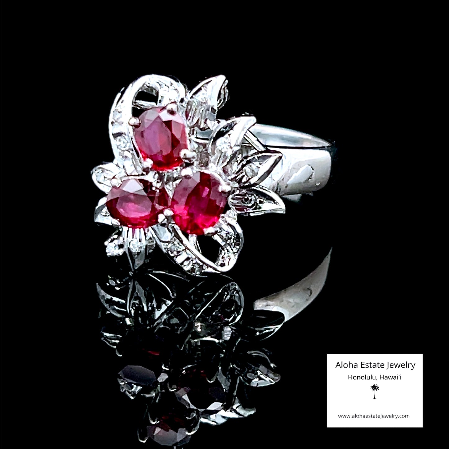 Antique 18K Edwardian White Gold Ruby & Diamond Ring, Size 7