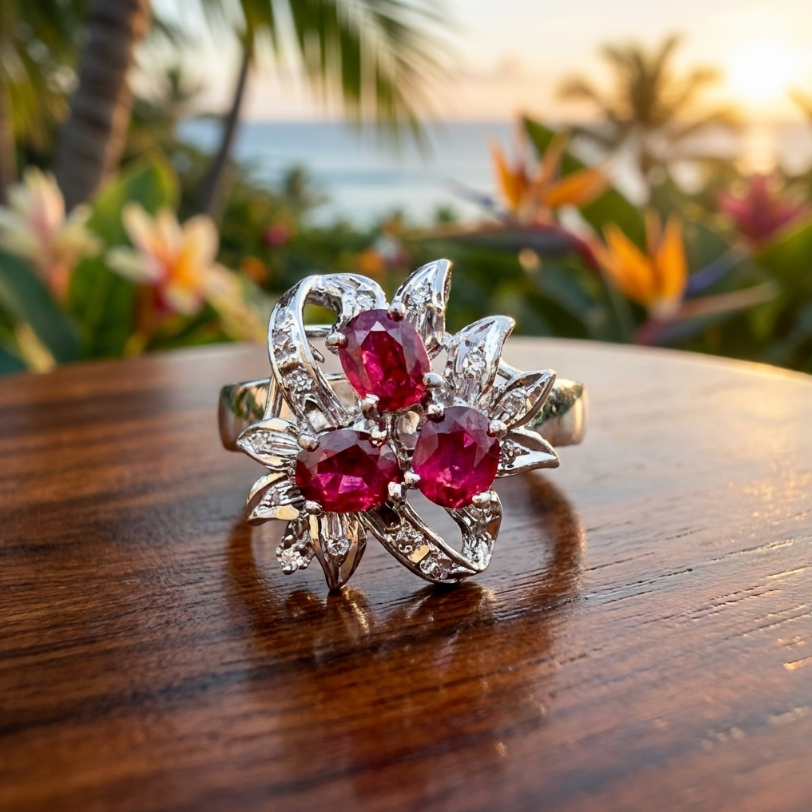 Antique 18K Edwardian White Gold Ruby & Diamond Ring, Size 7