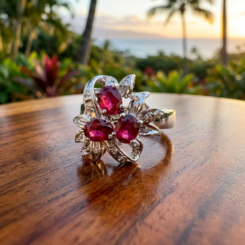 Antique 18K Edwardian White Gold Ruby & Diamond Ring, Size 7