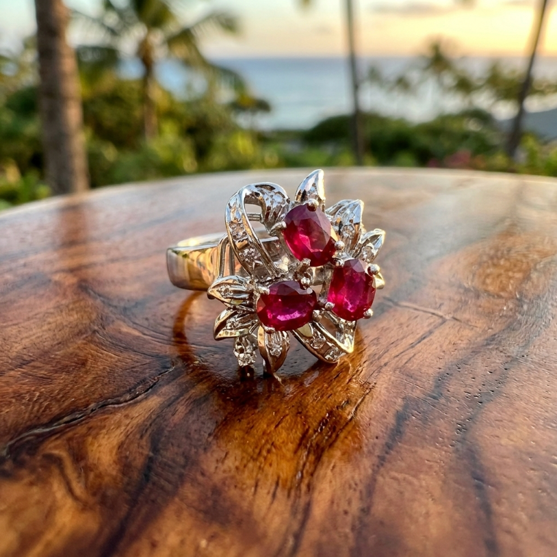 Antique 18K Edwardian White Gold Ruby & Diamond Ring, Size 7