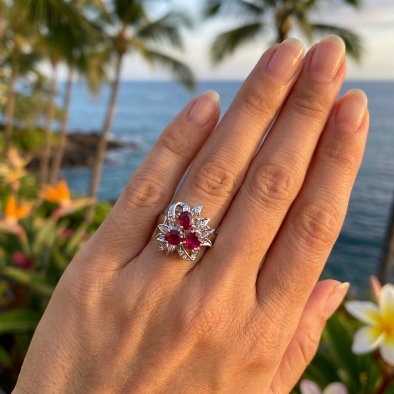 Antique 18K Edwardian White Gold Ruby & Diamond Ring, Size 7