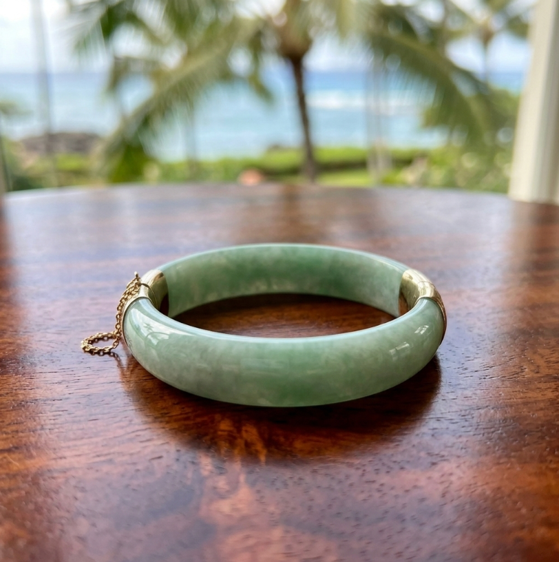 Vintage Apple Green Jade Bangle 14K Gold Bamboo Motif