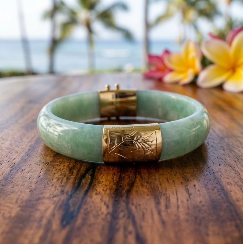 Vintage Apple Green Jade Bangle 14K Gold Bamboo Motif