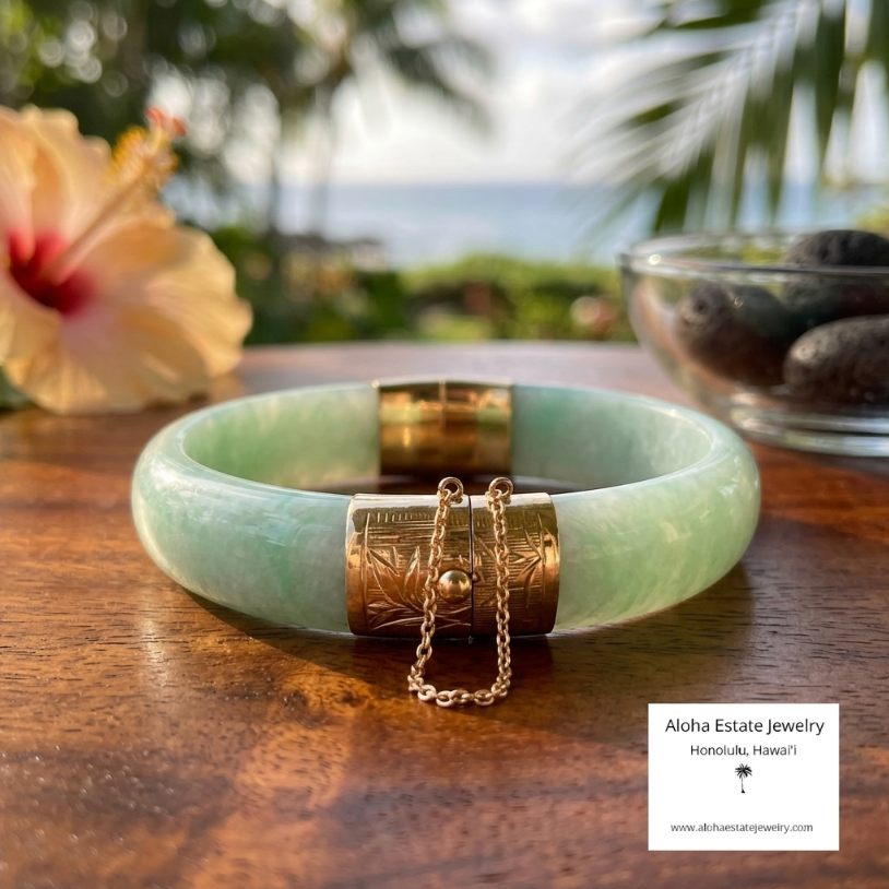 Vintage Apple Green Jade Bangle 14K Gold Bamboo Motif