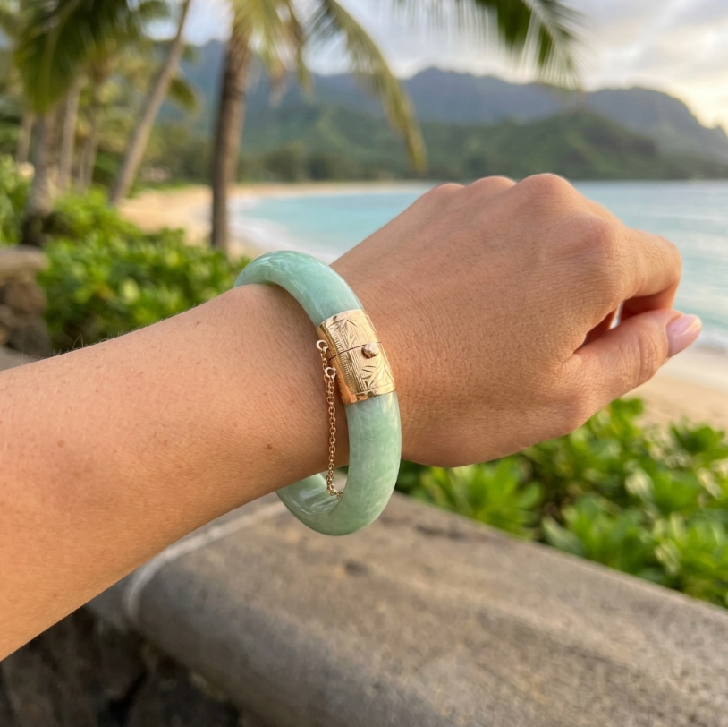 Vintage Apple Green Jade Bangle 14K Gold Bamboo Motif