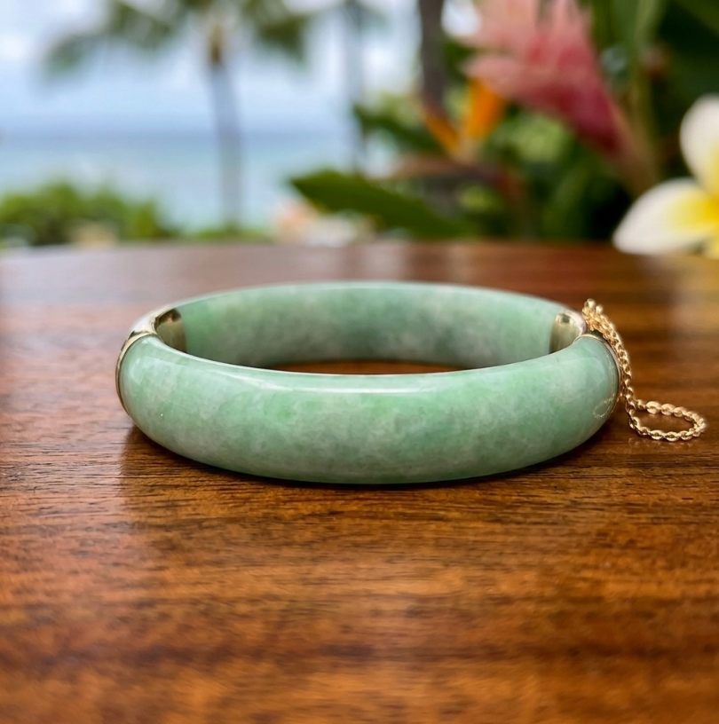 Vintage Apple Green Jade Bangle 14K Gold Bamboo Motif