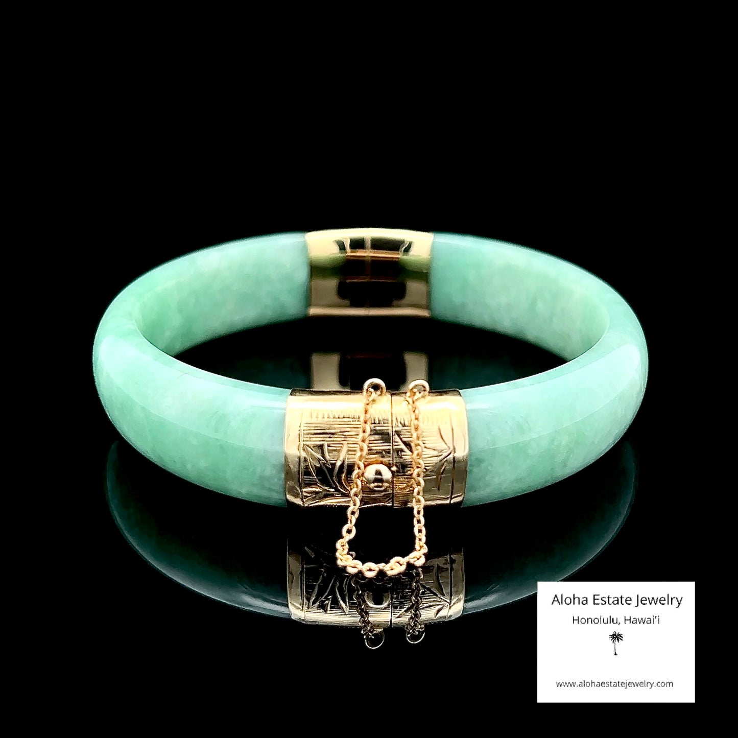 Vintage Apple Green Jade Bangle 14K Gold Bamboo Motif