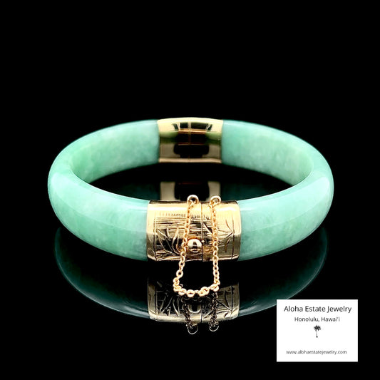Vintage Apple Green Jade Bangle 14K Gold Bamboo Motif