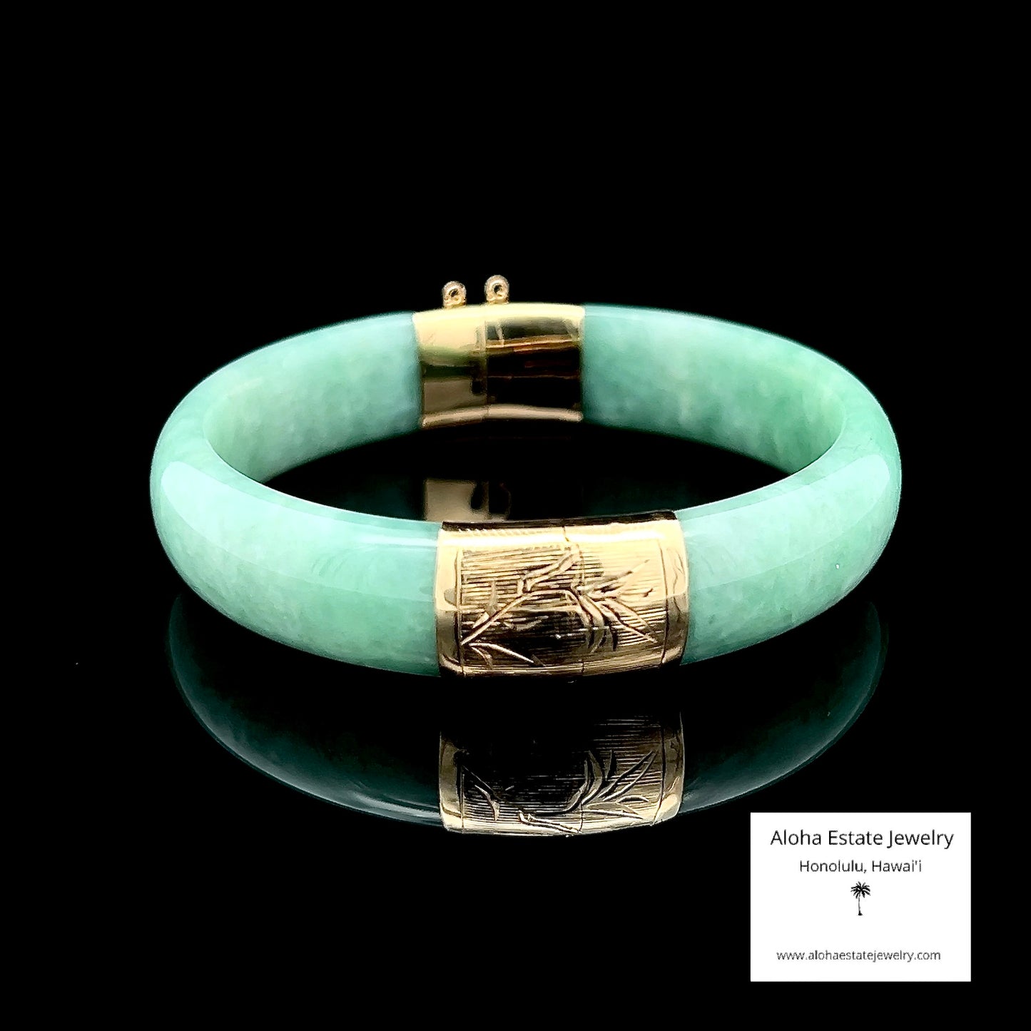 Vintage Apple Green Jade Bangle 14K Gold Bamboo Motif