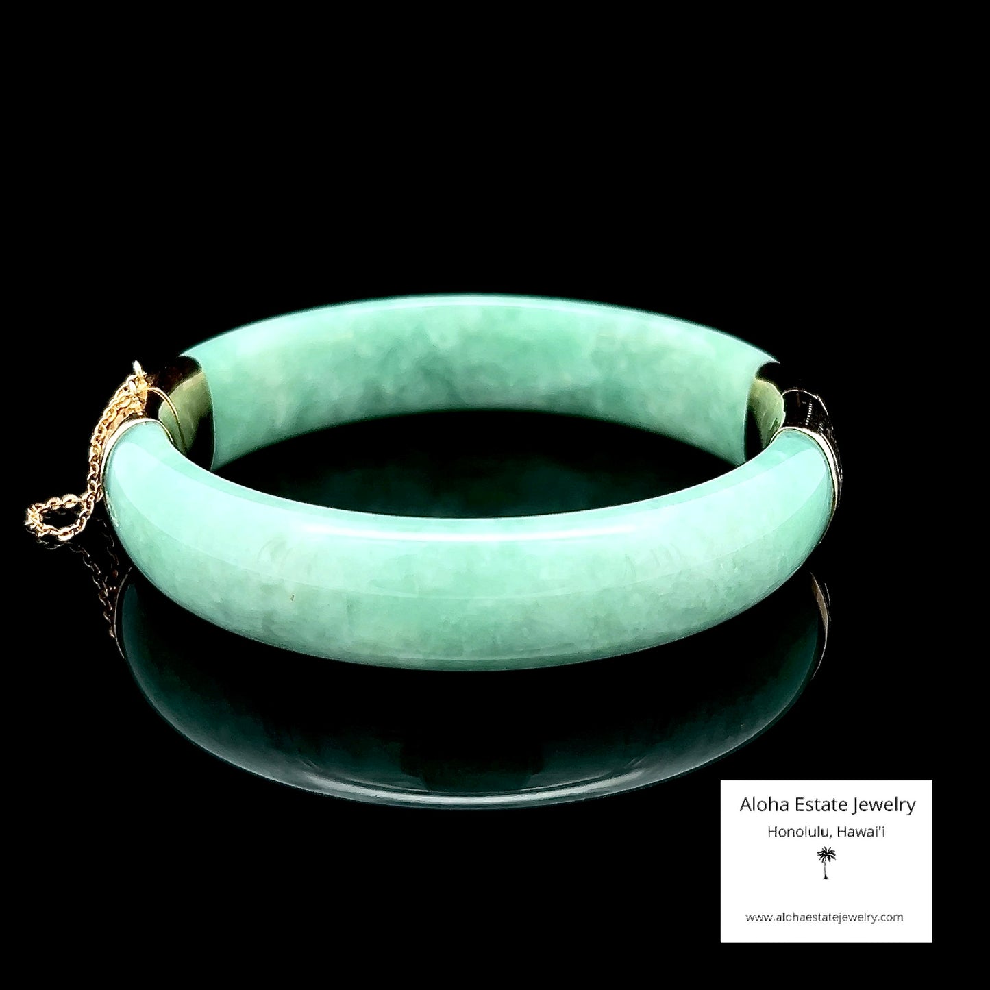Vintage Apple Green Jade Bangle 14K Gold Bamboo Motif