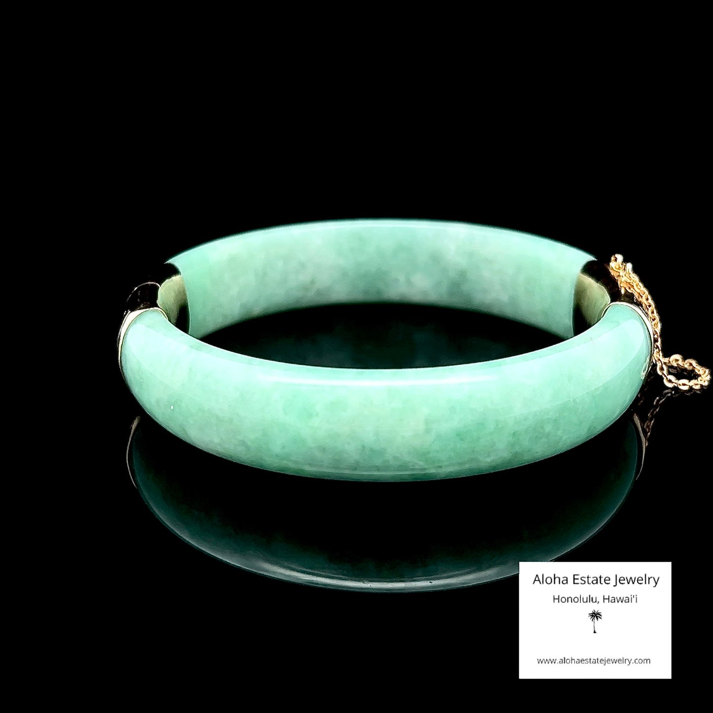 Vintage Apple Green Jade Bangle 14K Gold Bamboo Motif