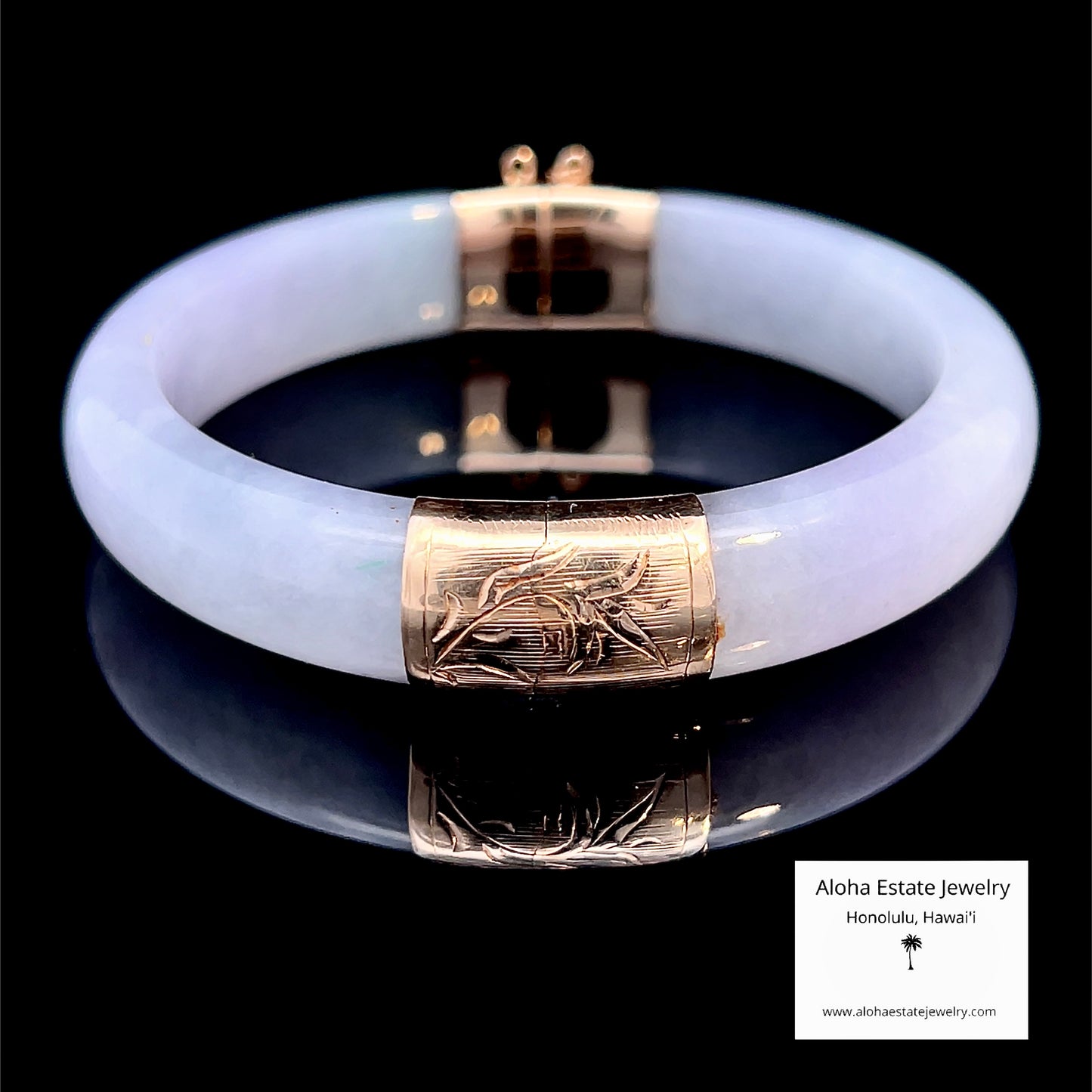 Vintage Lavender Jade Bangle 14K Gold Bamboo Motif Clasp