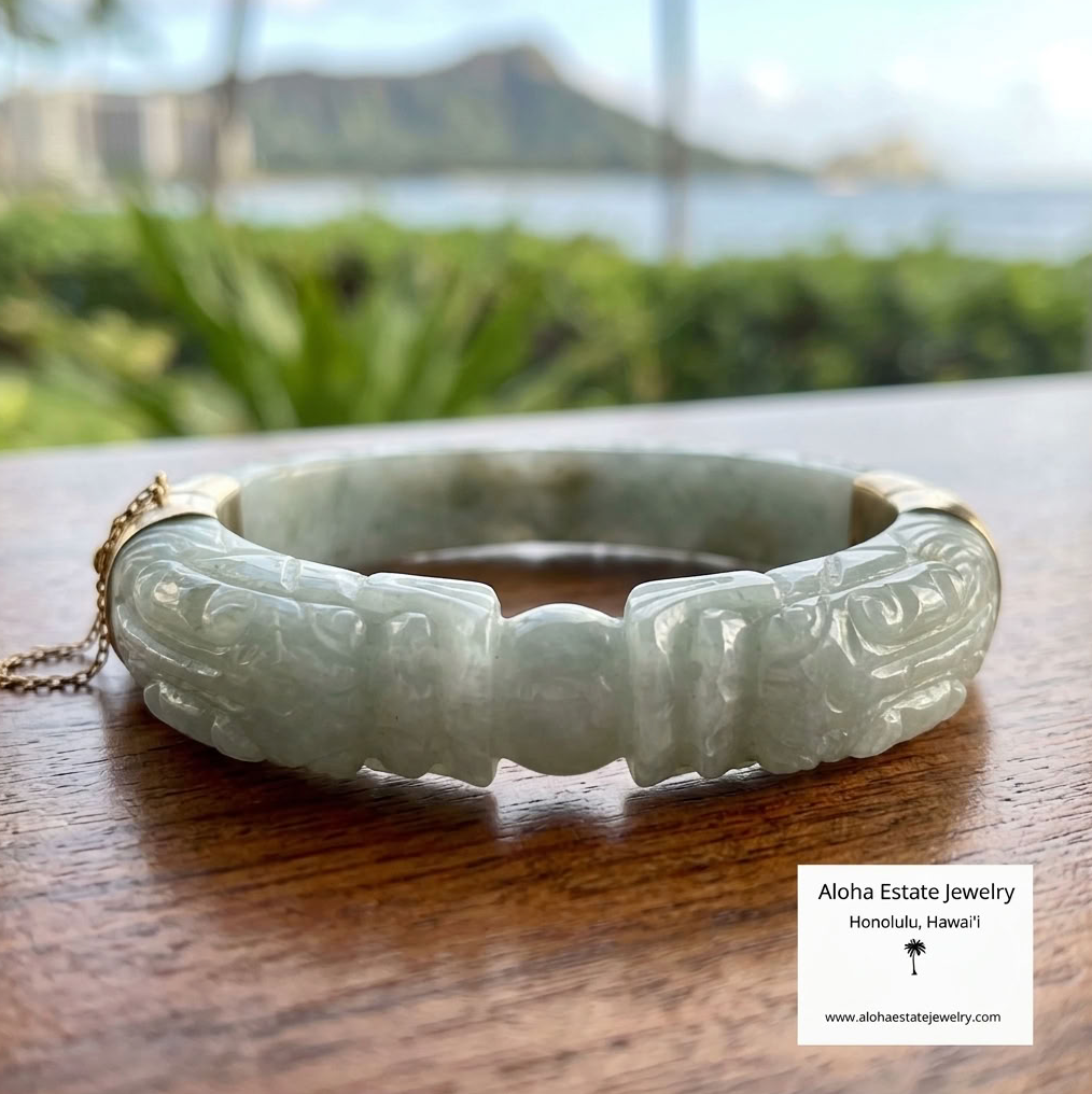Traditional Carved Jade Bangle, Double Dragons Motif