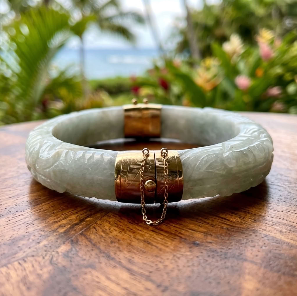 Traditional Carved Jade Bangle, Double Dragons Motif