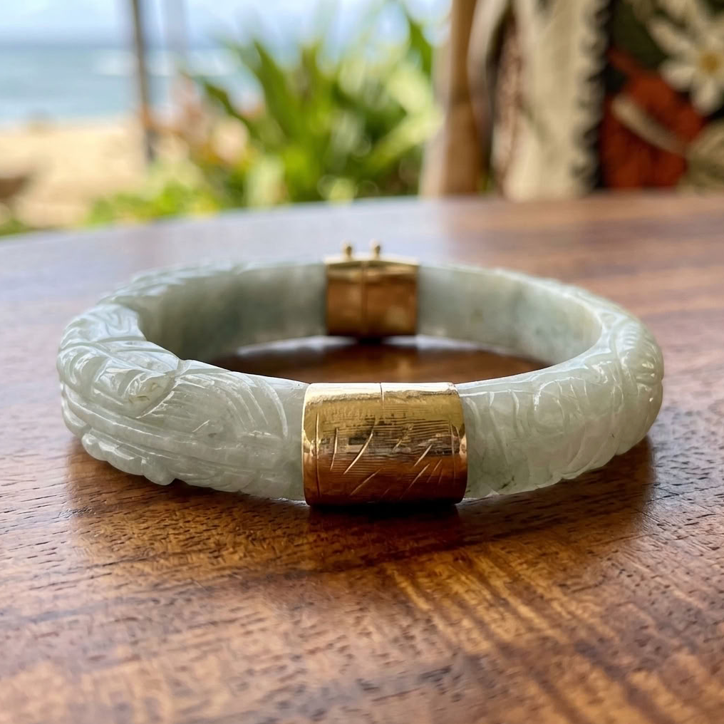 Traditional Carved Jade Bangle, Double Dragons Motif