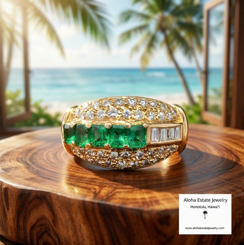 Vintage Emerald & Diamond Ring in 14K Yellow Gold