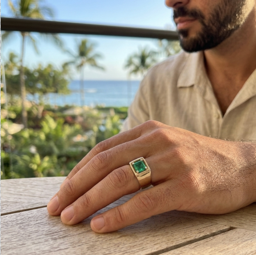 Men's Colombian Emerald Ring, 14K Yellow Gold, Mid-Century