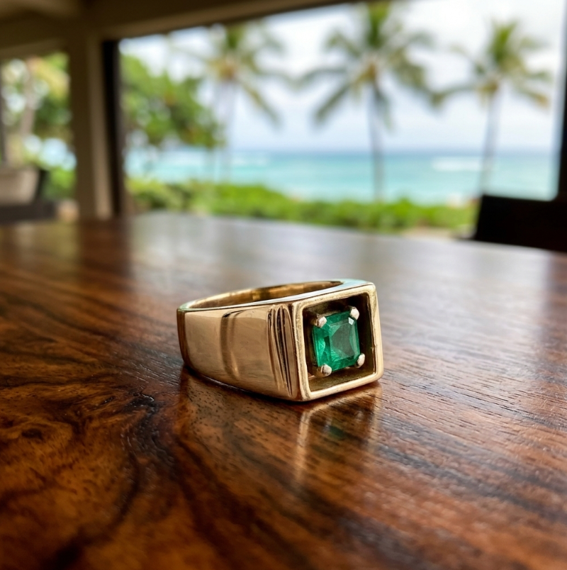 Men's Colombian Emerald Ring, 14K Yellow Gold, Mid-Century