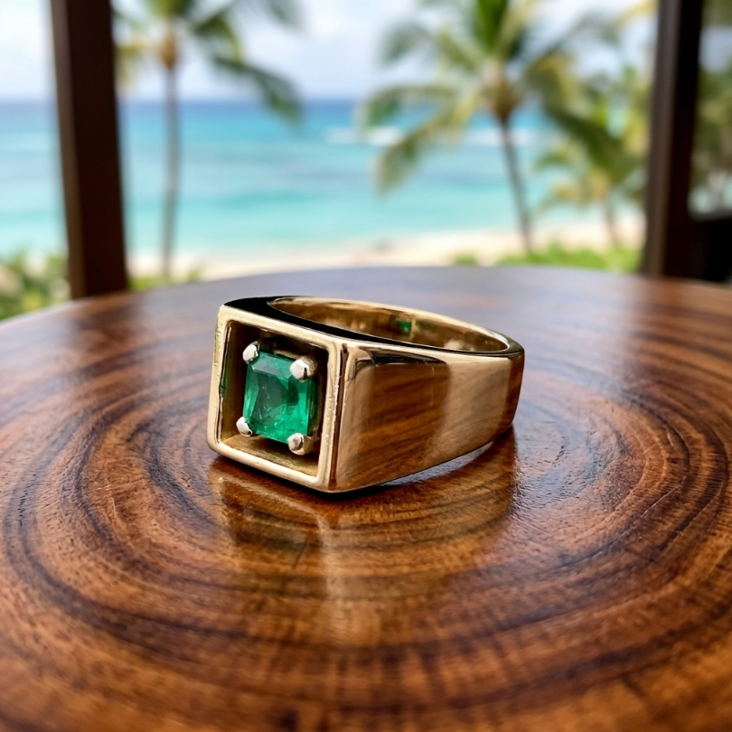 Men's Colombian Emerald Ring, 14K Yellow Gold, Mid-Century