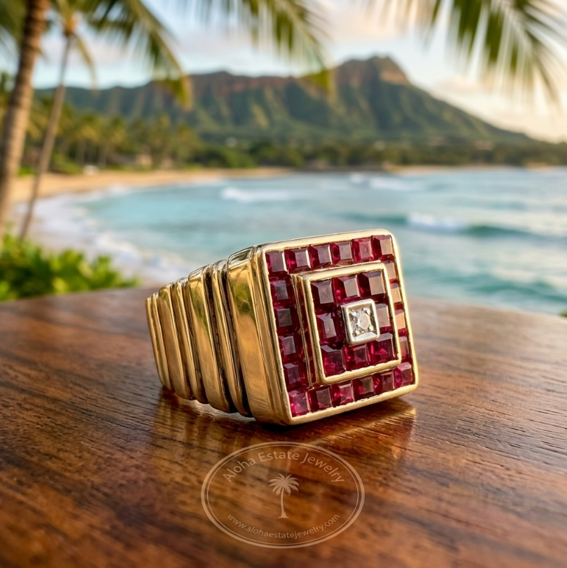 Men's Natural Ruby Ring, 18K Gold, 4.5 Carats, Mid-Century