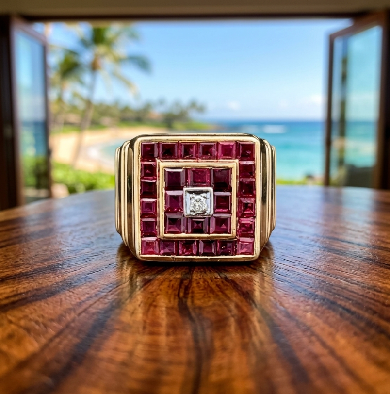 Men's Natural Ruby Ring, 18K Gold, 4.5 Carats, Mid-Century