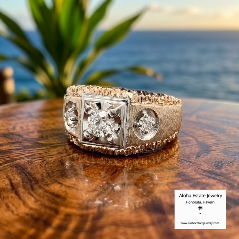 Men's Retro Diamond Ring, 14K Gold, 0.59ctw, Illusion Set