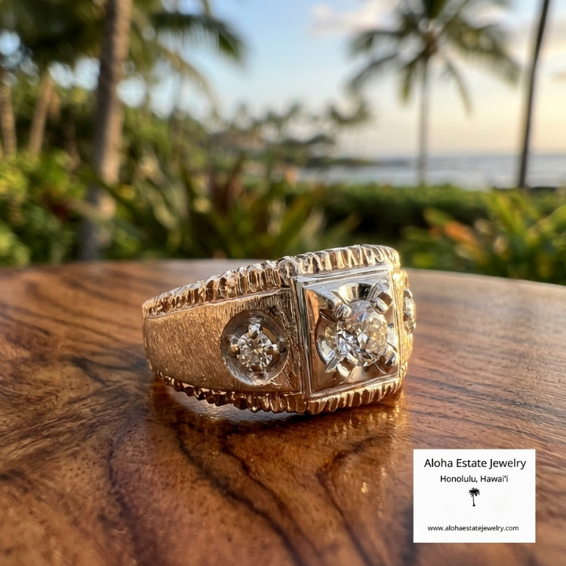 Men's Retro Diamond Ring, 14K Gold, 0.59ctw, Illusion Set