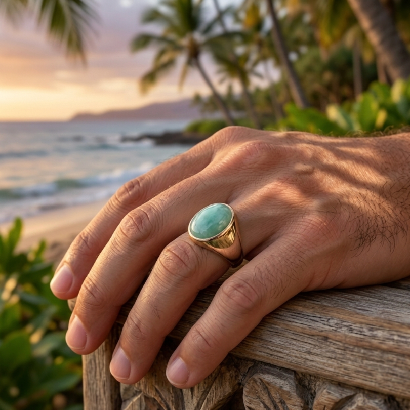 Men's Type A Jadeite Ring, 14K Gold, 7ct Sage Green