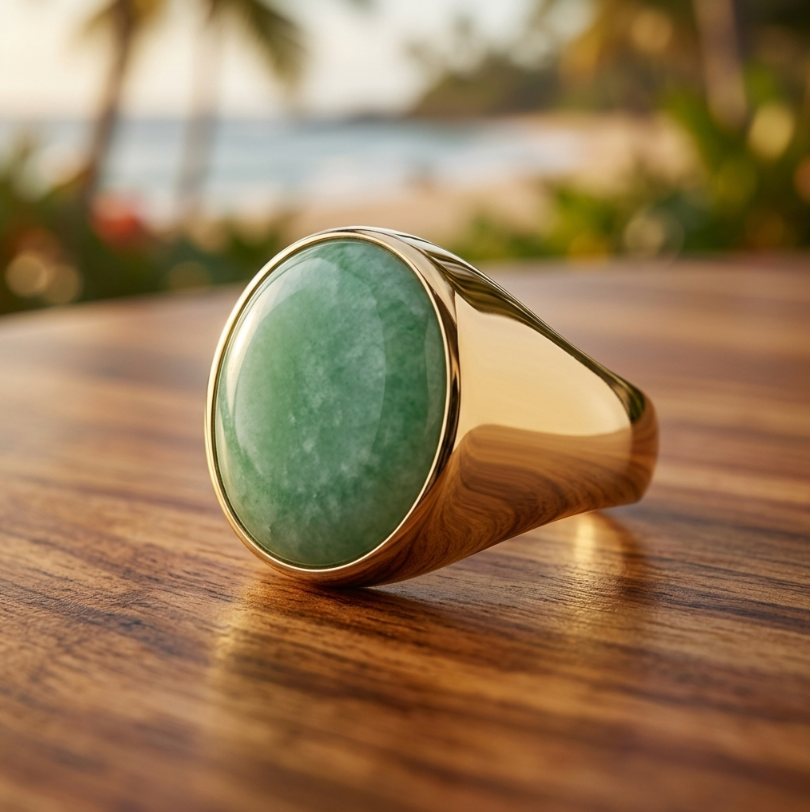 Men's Type A Jadeite Ring, 14K Gold, 7ct Sage Green