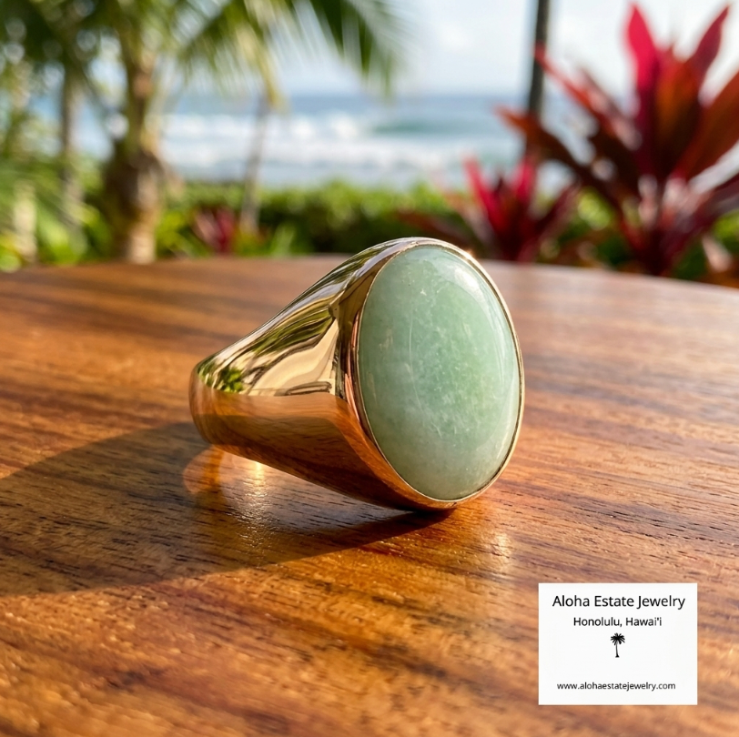 Men's Type A Jadeite Ring, 14K Gold, 7ct Sage Green