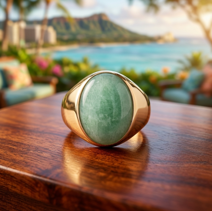 Men's Type A Jadeite Ring, 14K Gold, 7ct Sage Green