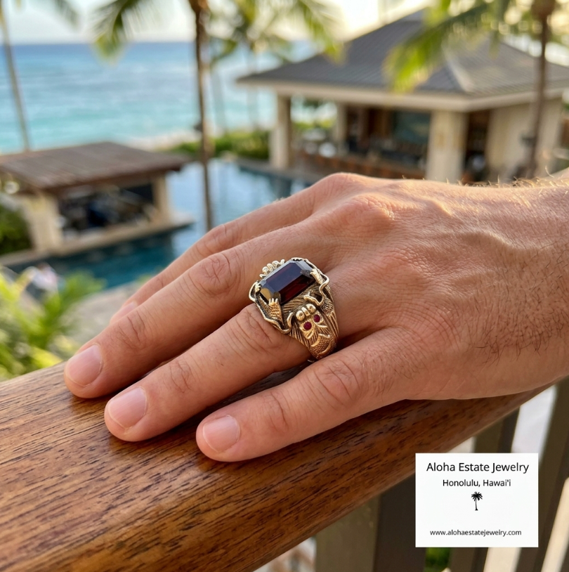 Men's Antique Custom Dragon Garnet Ring in 14K