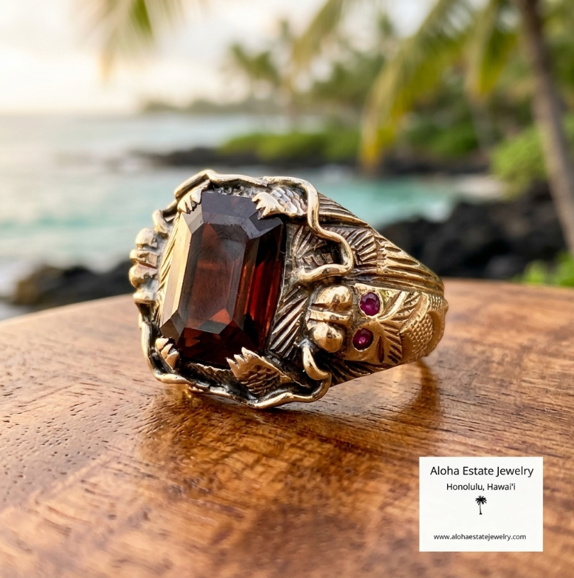 Men's Antique Custom Dragon Garnet Ring in 14K