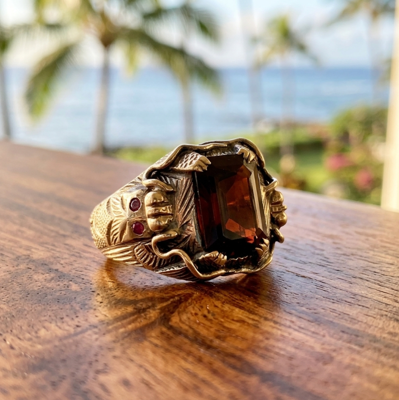 Men's Antique Custom Dragon Garnet Ring in 14K