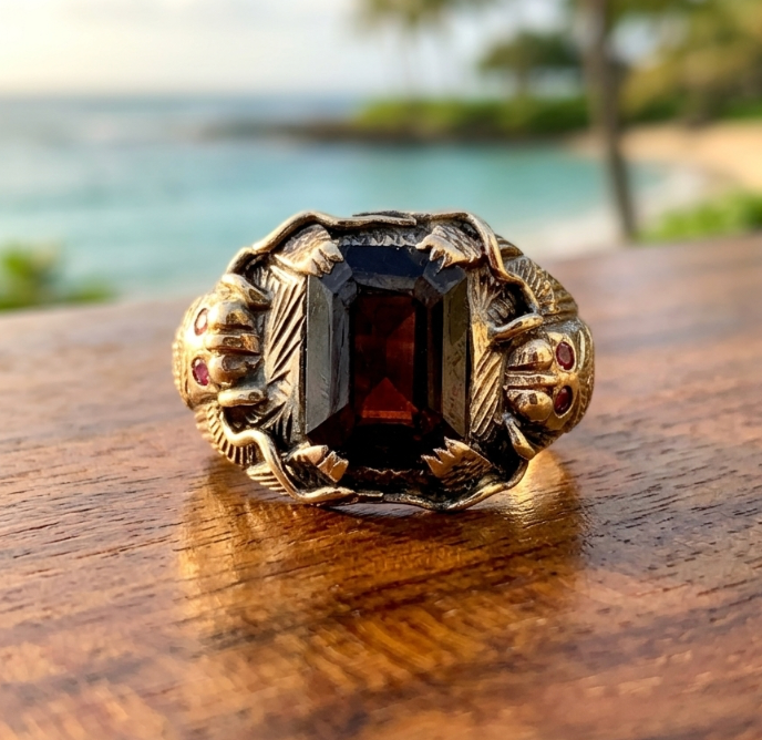 Men's Antique Custom Dragon Garnet Ring in 14K