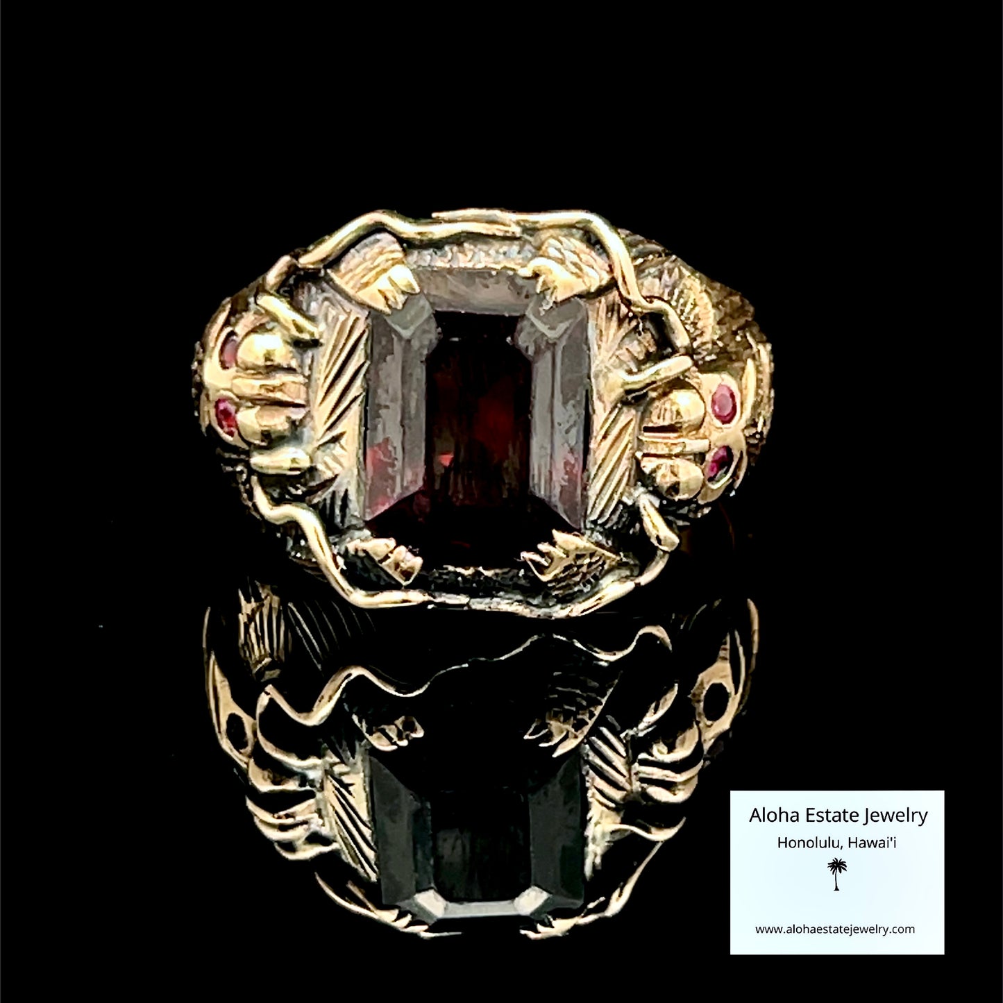 Men's Antique Custom Dragon Garnet Ring in 14K