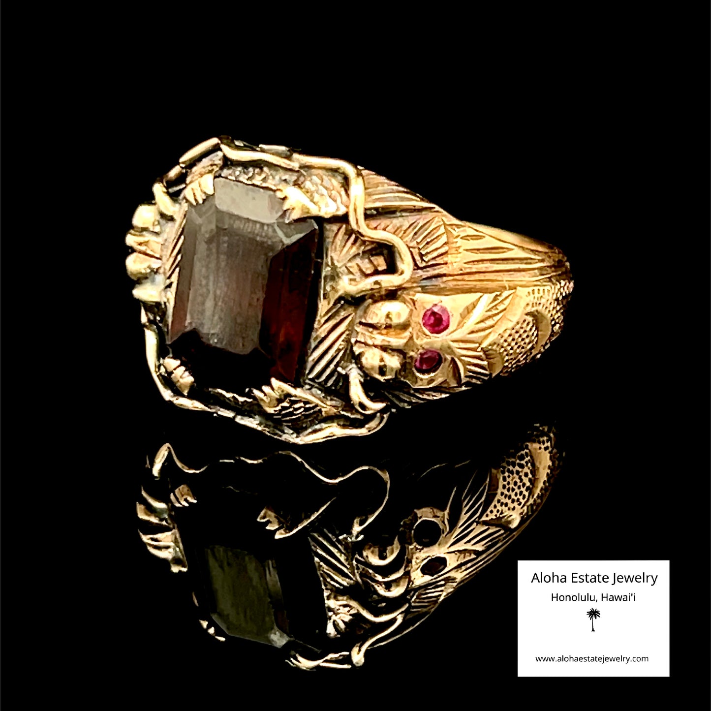 Men's Antique Custom Dragon Garnet Ring in 14K