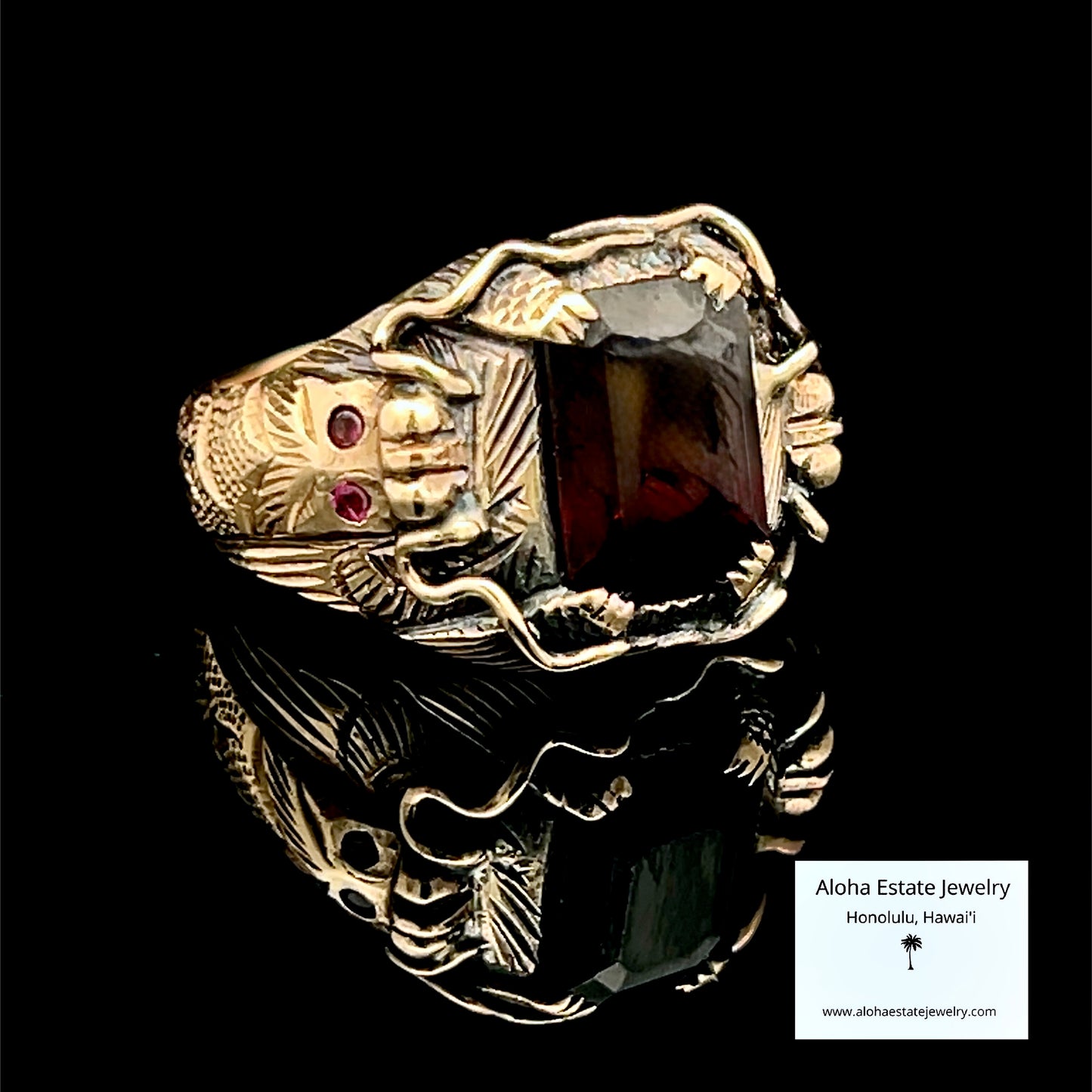 Men's Antique Custom Dragon Garnet Ring in 14K
