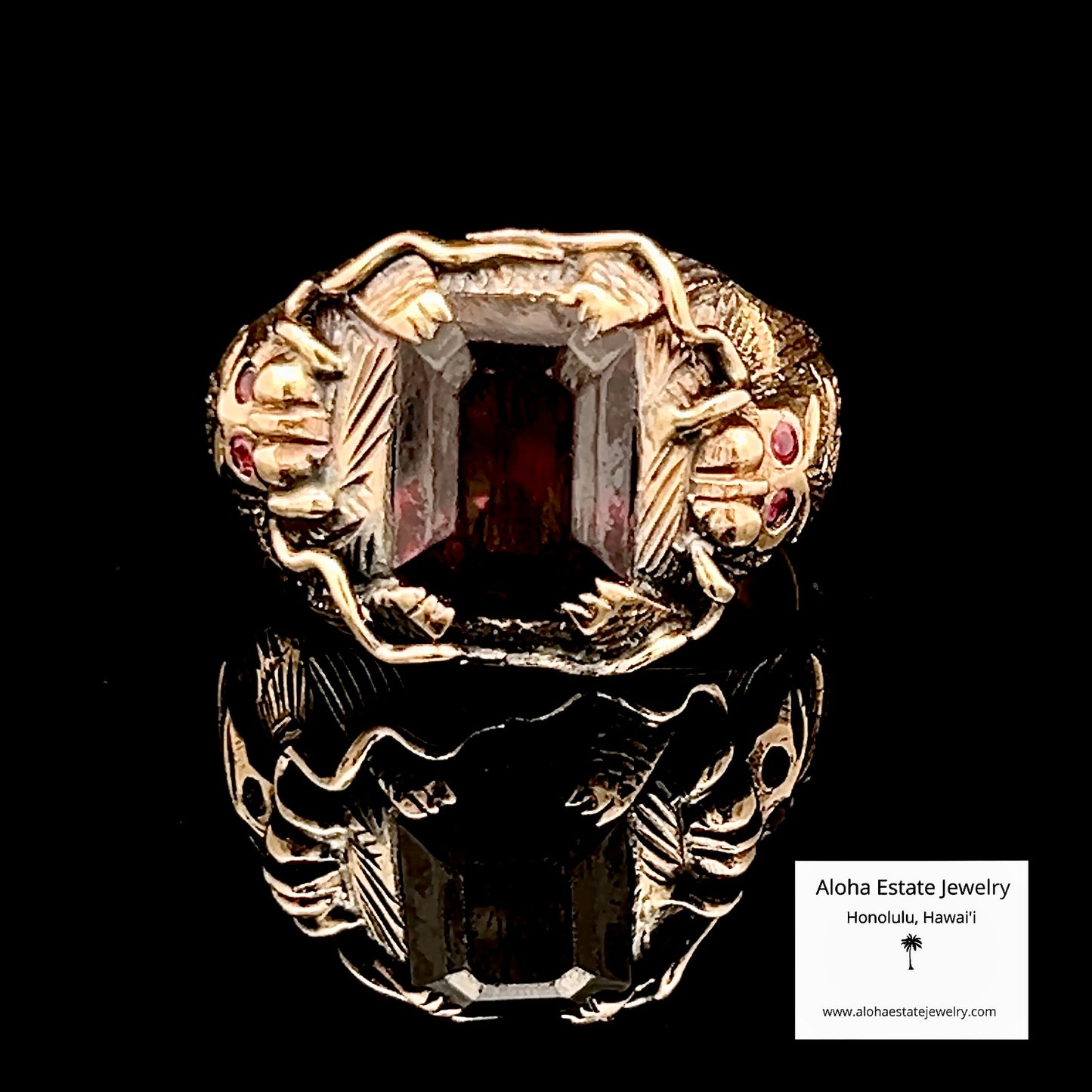 Men's Antique Custom Dragon Garnet Ring in 14K