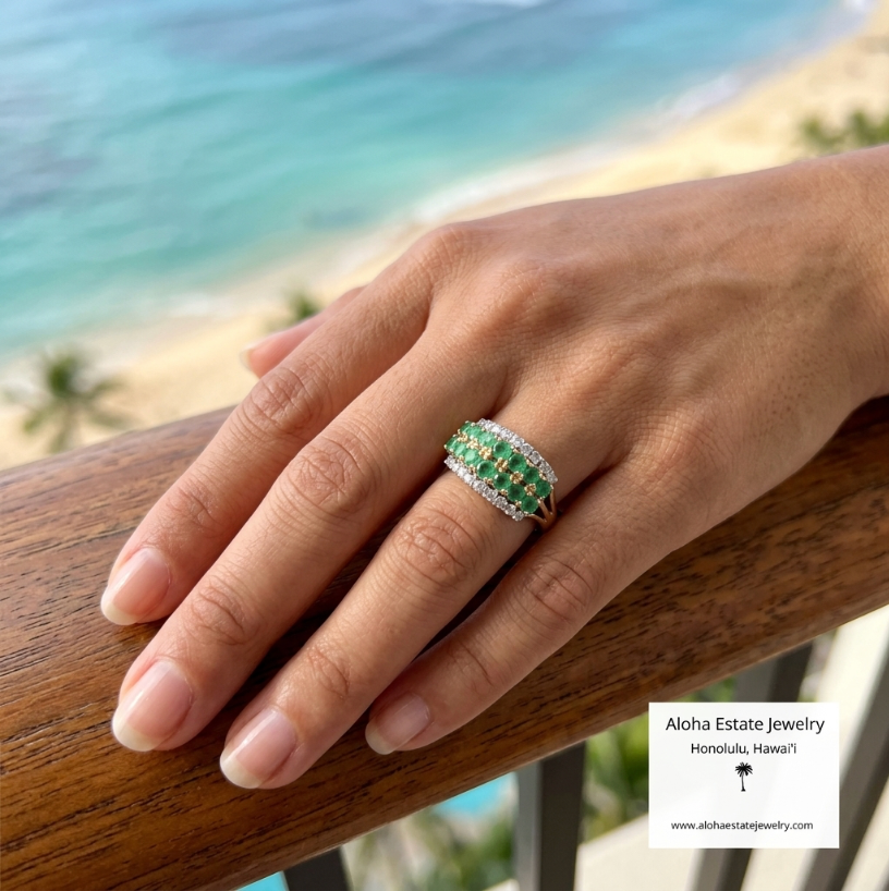 Emerald & Diamond Band Ring, 14K Gold, Double Row