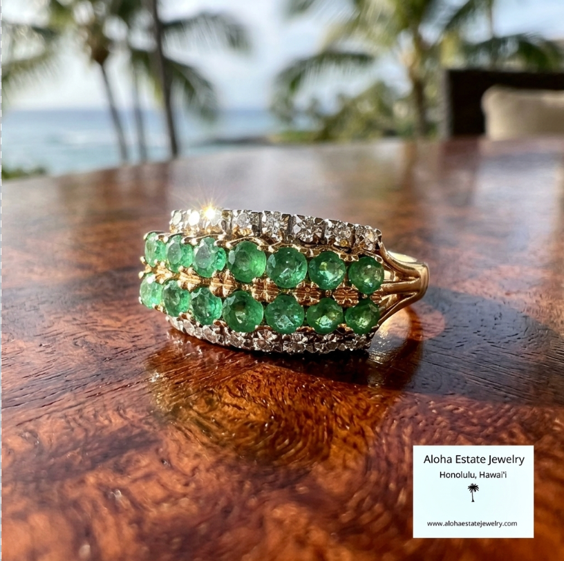 Emerald & Diamond Band Ring, 14K Gold, Double Row