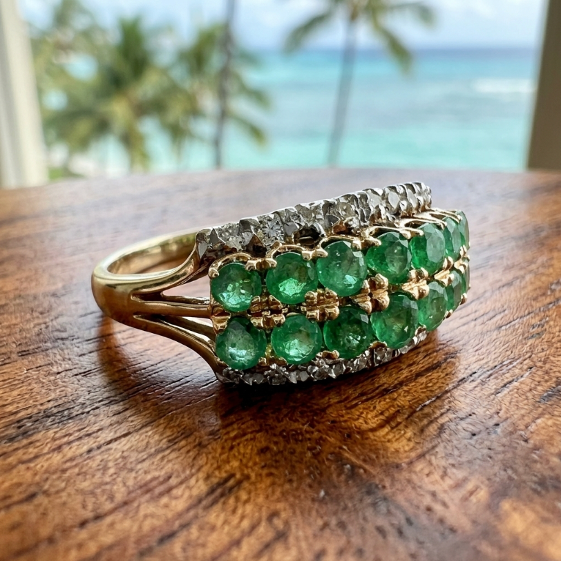 Emerald & Diamond Band Ring, 14K Gold, Double Row