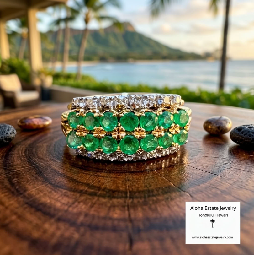 Emerald & Diamond Band Ring, 14K Gold, Double Row