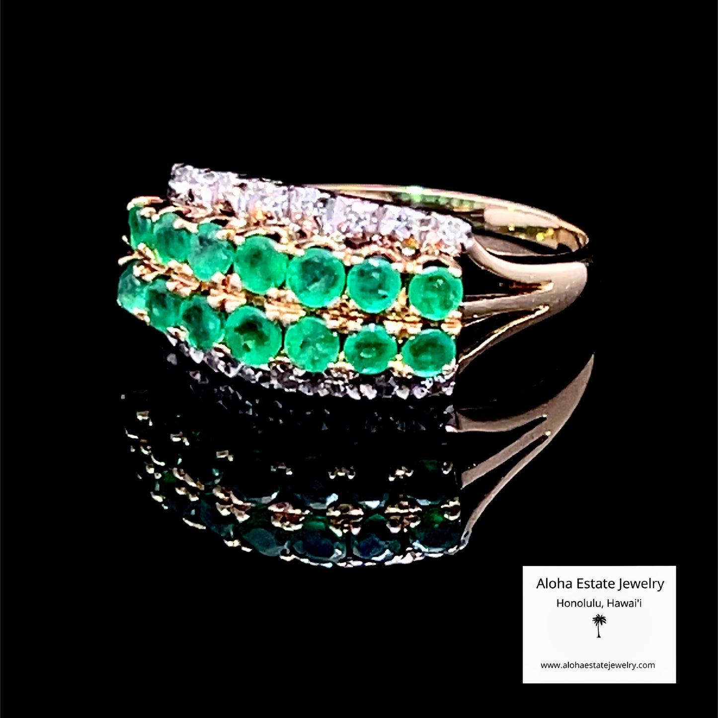 Emerald & Diamond Band Ring, 14K Gold, Double Row