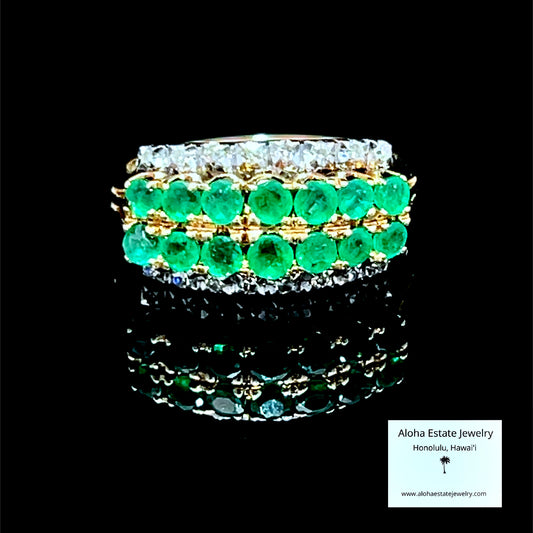 Emerald & Diamond Band Ring, 14K Gold, Double Row