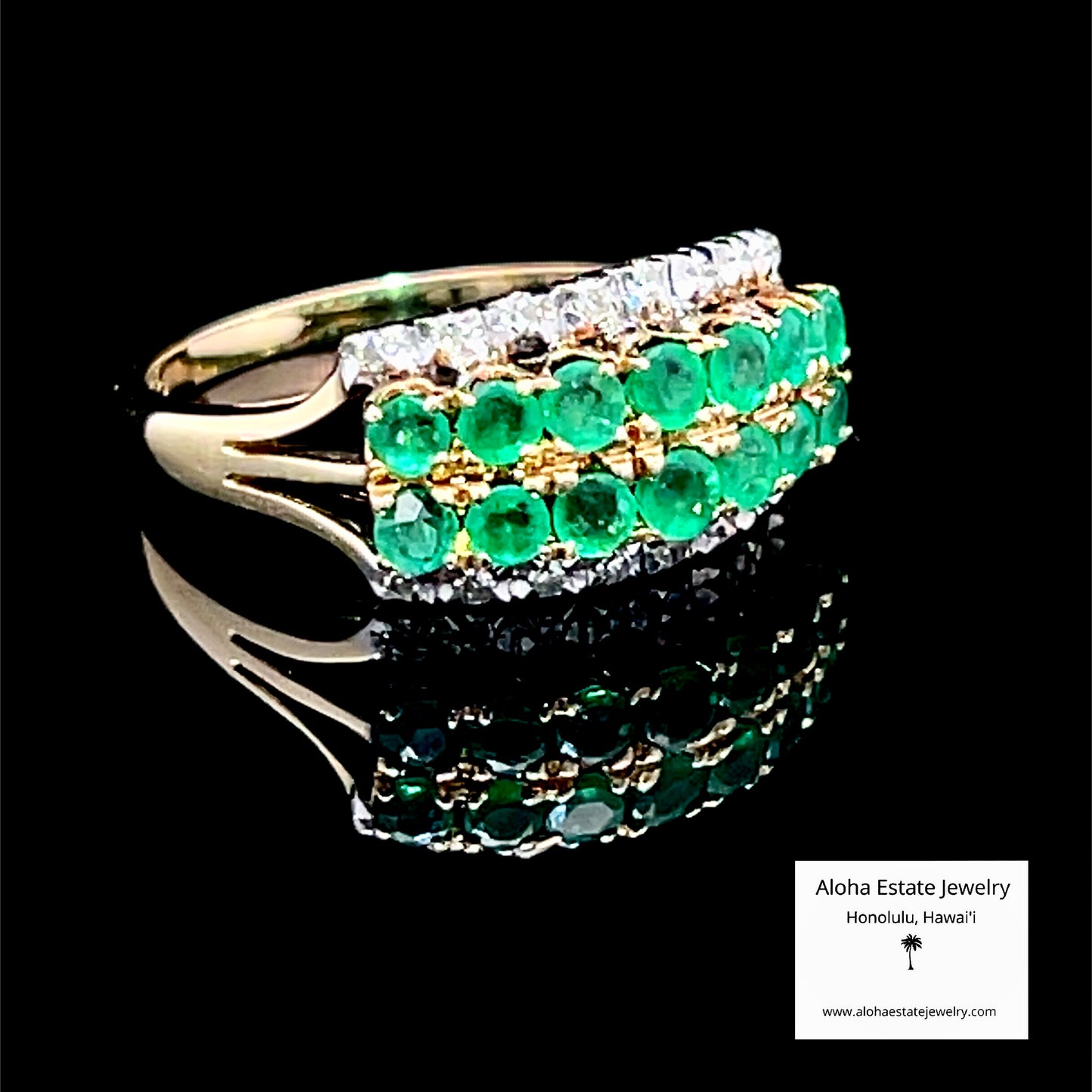 Emerald & Diamond Band Ring, 14K Gold, Double Row