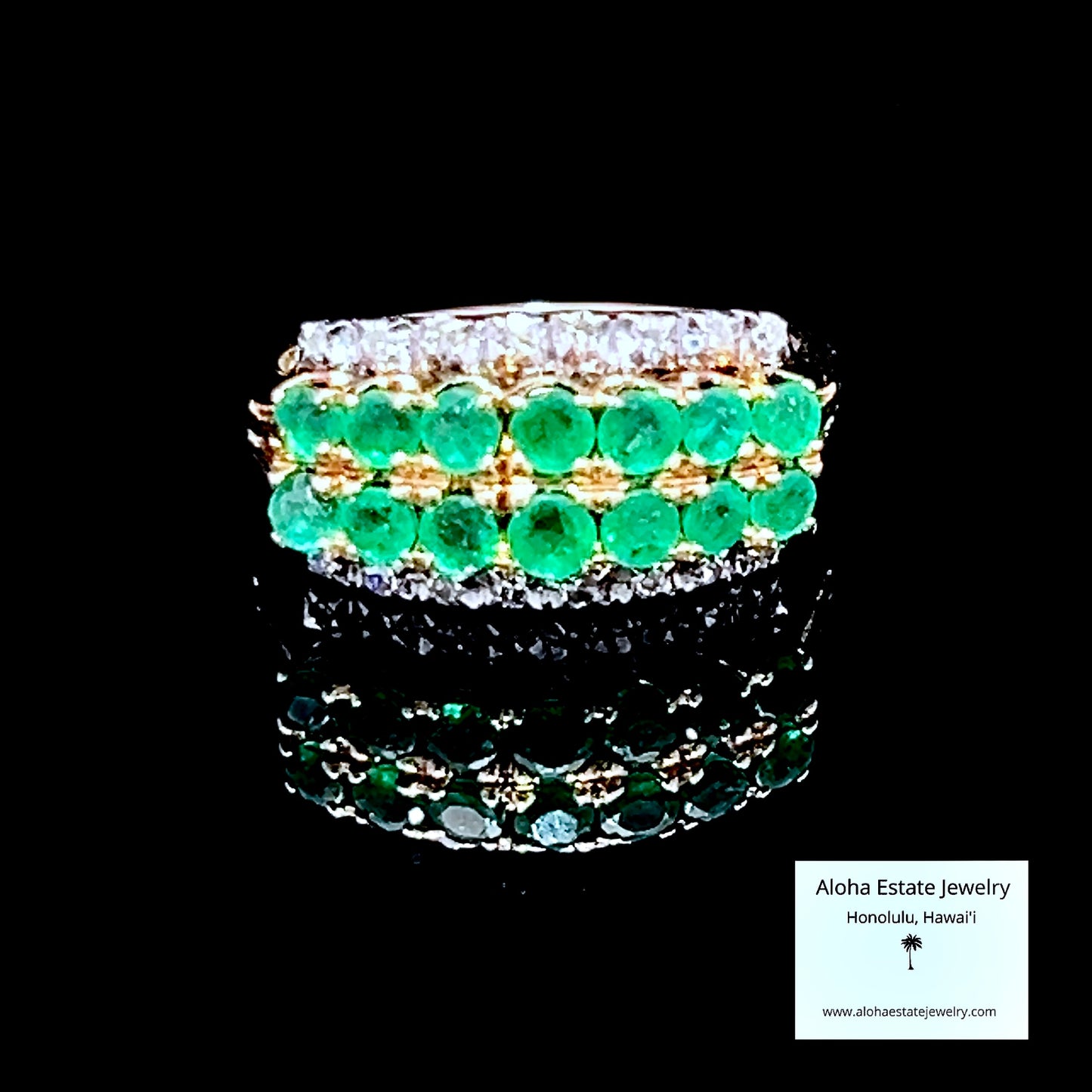 Emerald & Diamond Band Ring, 14K Gold, Double Row