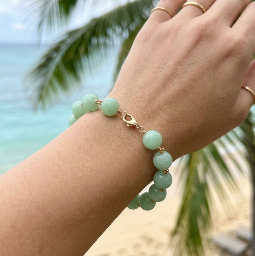 Natural Jadeite Bead Bracelet, Apple Green, 14K Gold, 8.25"