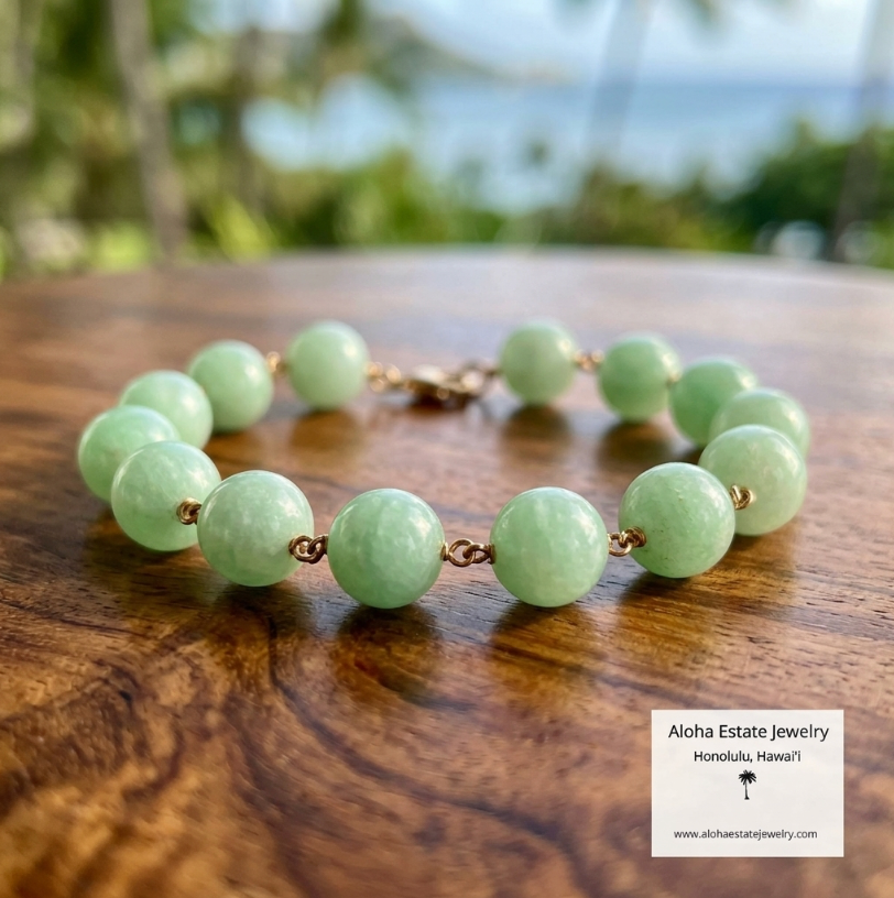Natural Jadeite Bead Bracelet, Apple Green, 14K Gold, 8.25"