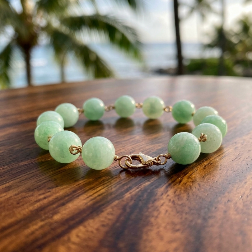 Natural Jadeite Bead Bracelet, Apple Green, 14K Gold, 8.25"